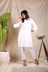 White Cotton Polyester Mix Kurta & Pant Co-Ords