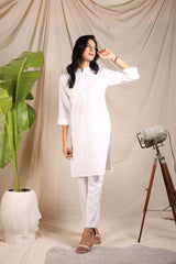 White Cotton Polyester Mix Kurta & Pant Co-Ords