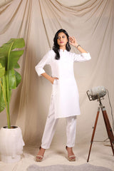 White Cotton Polyester Mix Kurta & Pant Co-Ords