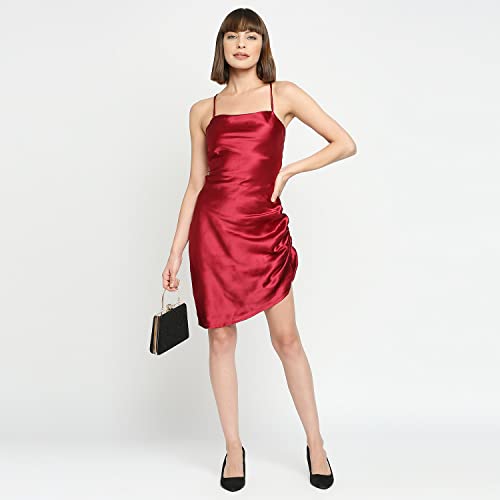 Ruby Red Japan Satin Ruched Slip with Lace-Up Back Dress