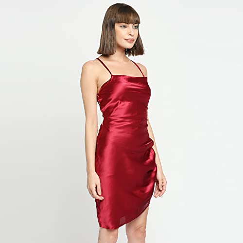 Ruby Red Japan Satin Ruched Slip with Lace-Up Back Dress