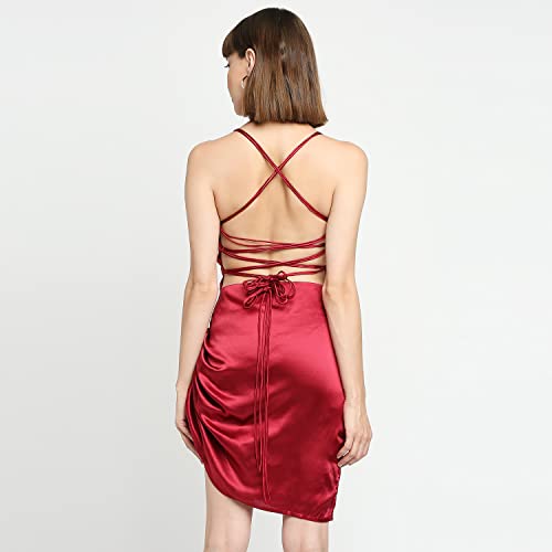 Ruby Red Japan Satin Ruched Slip with Lace-Up Back Dress