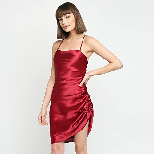 Ruby Red Japan Satin Ruched Slip with Lace-Up Back Dress