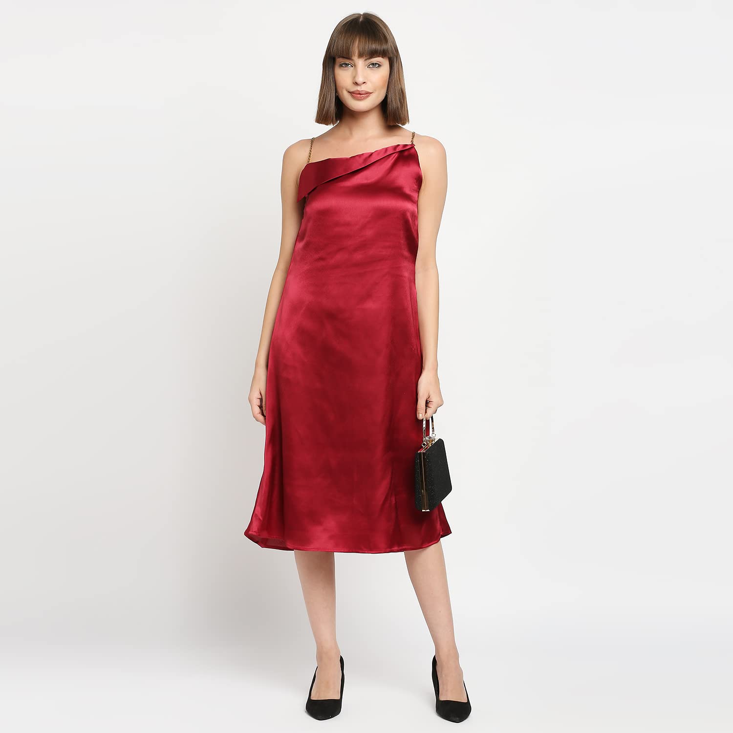 Ruby Red Japan Satin Chain Strap Slip Midi Dress