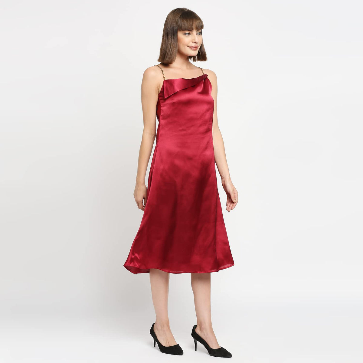 Ruby Red Japan Satin Chain Strap Slip Midi Dress