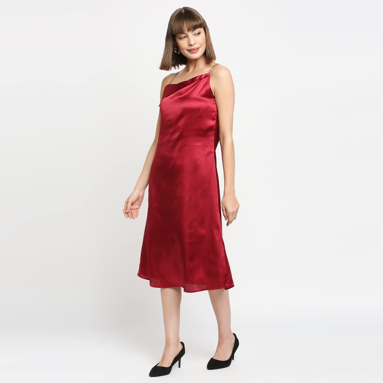 Ruby Red Japan Satin Chain Strap Slip Midi Dress