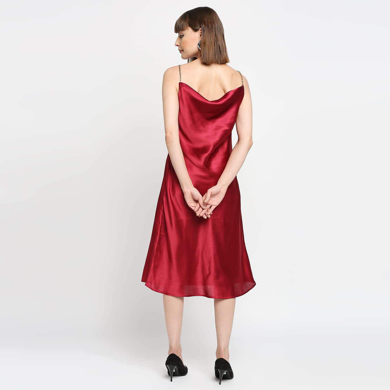 Ruby Red Japan Satin Chain Strap Slip Midi Dress