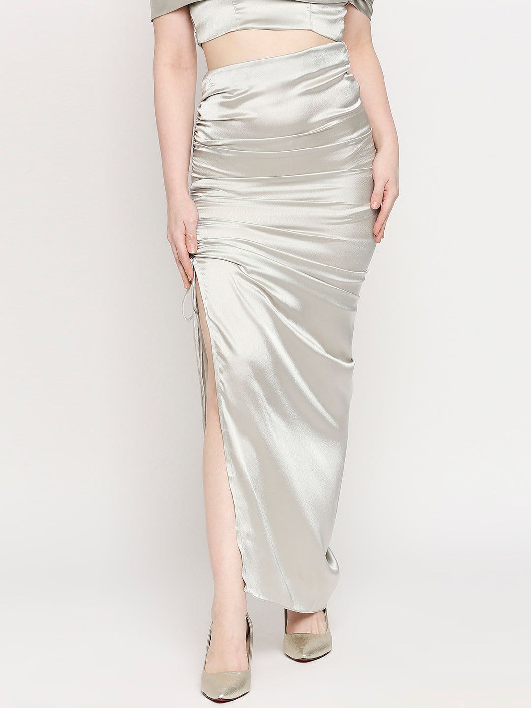 Metalic Silver Japan Satin Ruched Maxi Skirt