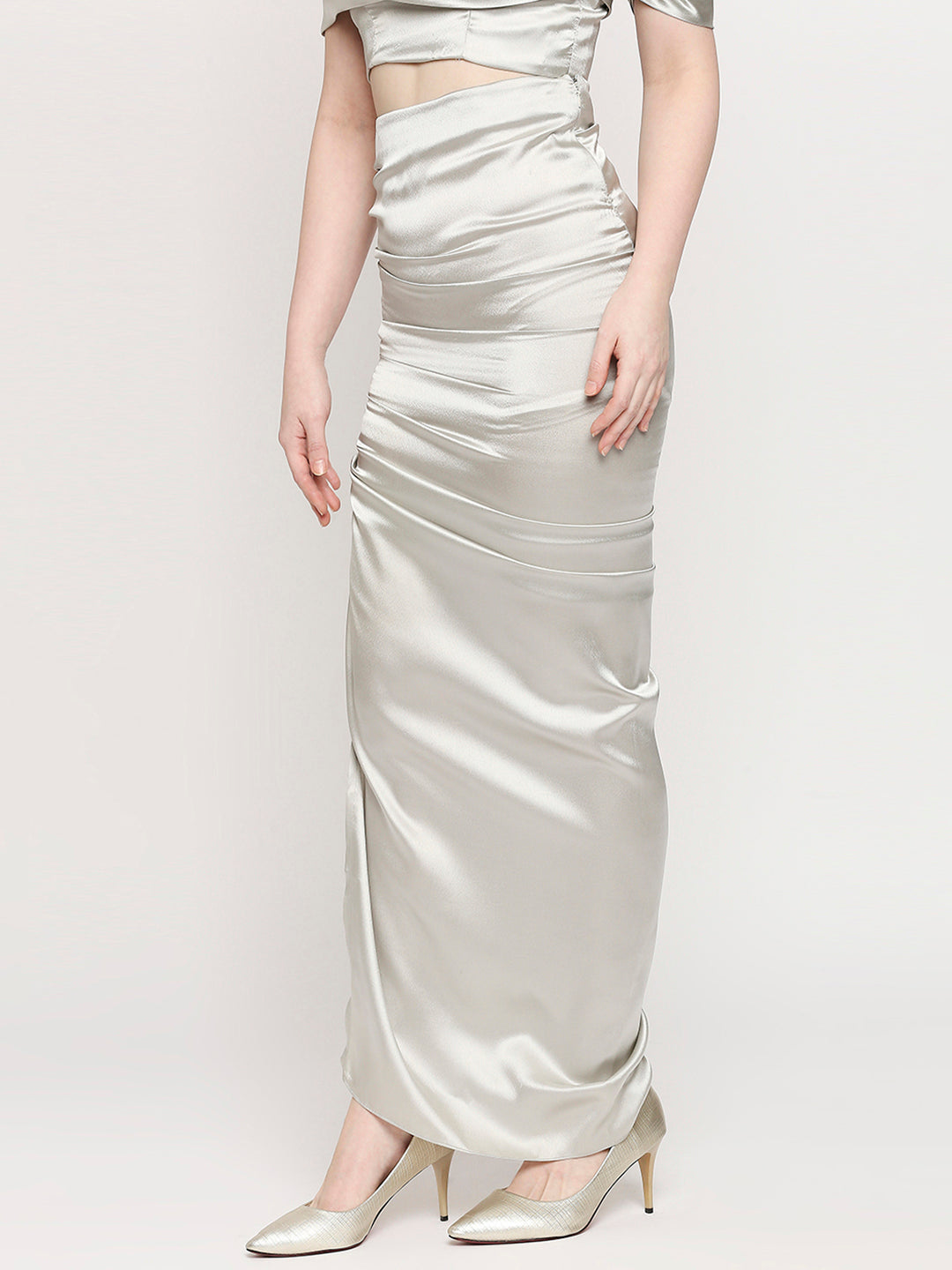 Metalic Silver Japan Satin Ruched Maxi Skirt