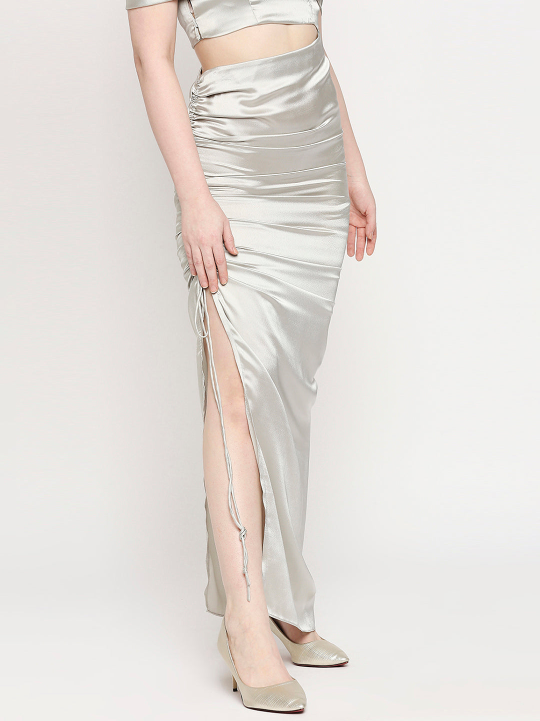 Metalic Silver Japan Satin Ruched Maxi Skirt