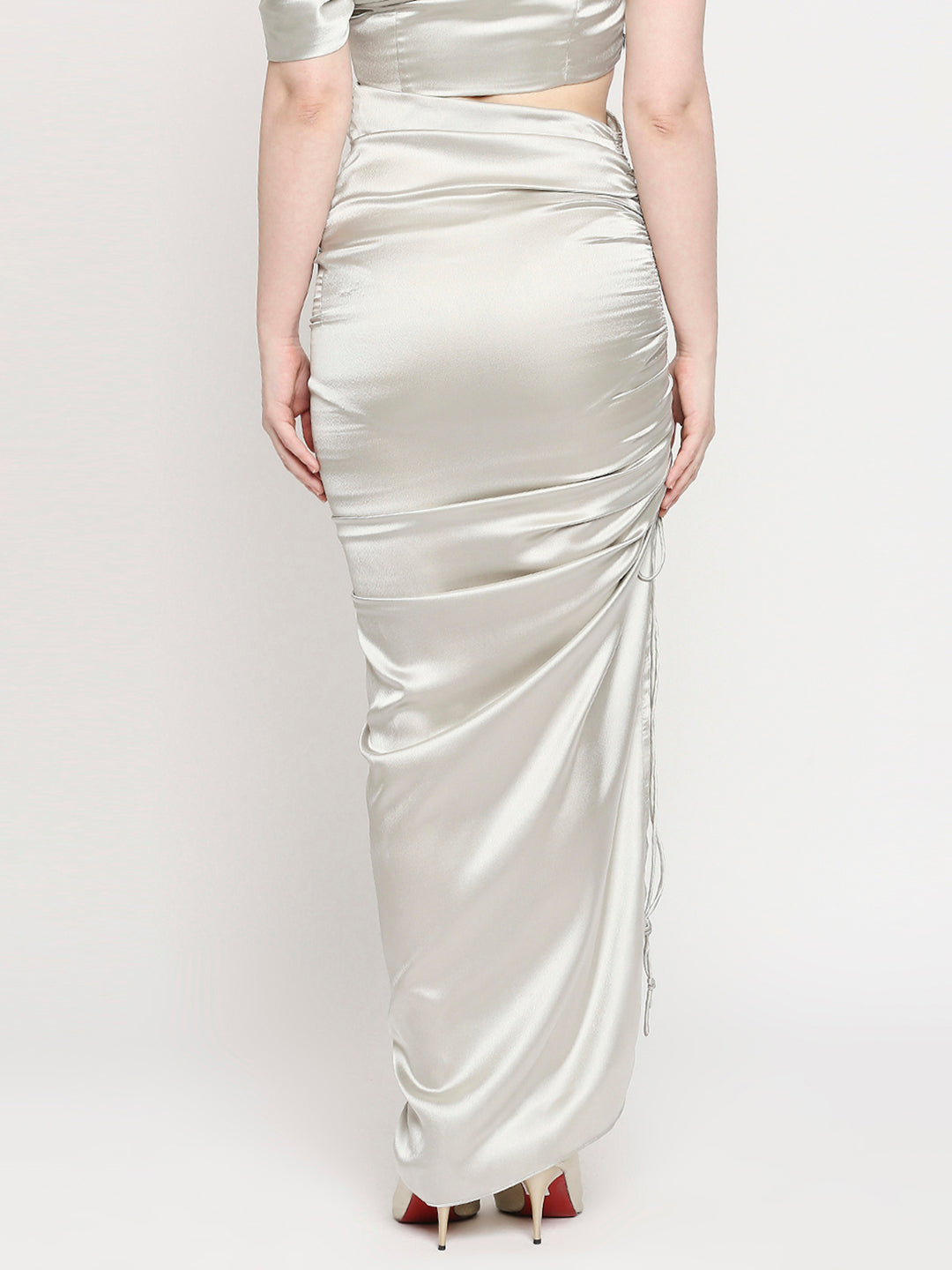 Metalic Silver Japan Satin Ruched Maxi Skirt