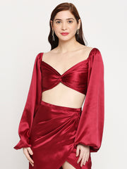 Ruby Red Japan Satin Knot Front Balloon Sleeve Crop Top