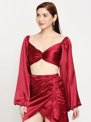 Ruby Red Japan Satin Knot Front Balloon Sleeve Crop Top