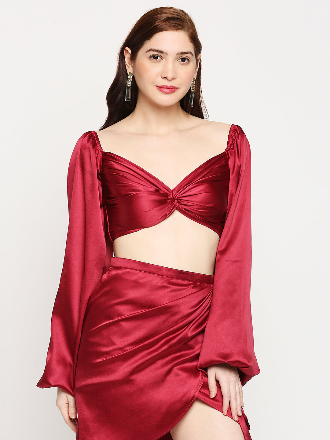 Ruby Red Japan Satin Knot Front Balloon Sleeve Crop Top