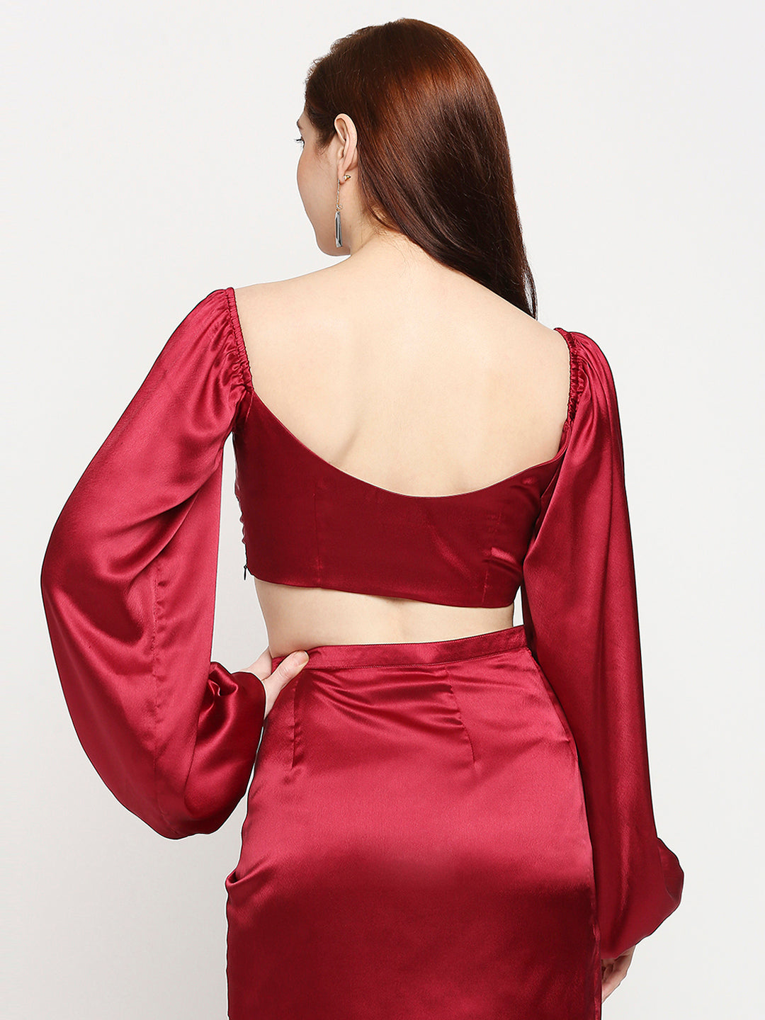 Ruby Red Japan Satin Knot Front Balloon Sleeve Crop Top