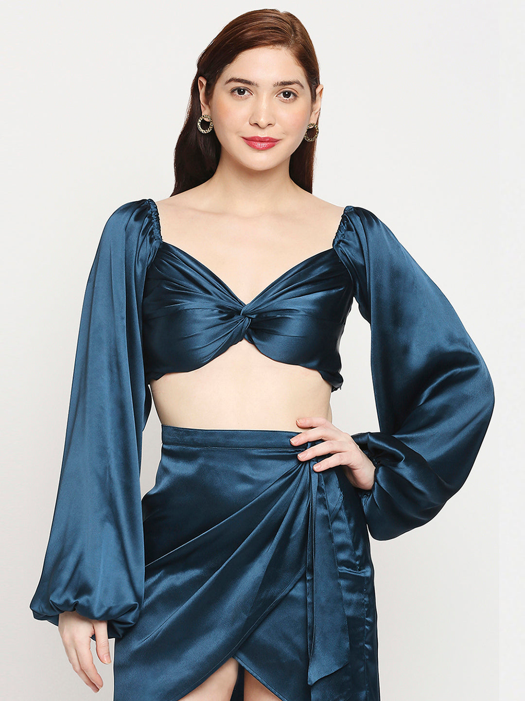 Turquoise Blue Japan Satin Knot Front Balloon Sleeve Crop Top