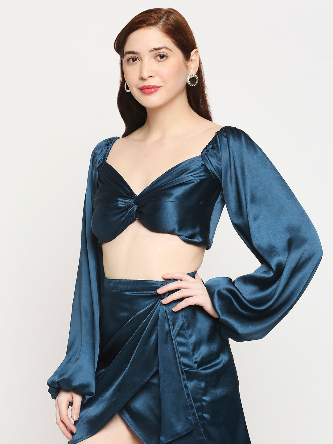 Turquoise Blue Japan Satin Knot Front Balloon Sleeve Crop Top