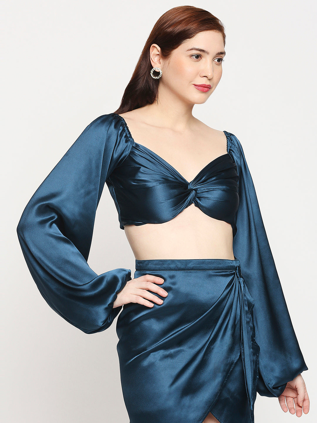 Turquoise Blue Japan Satin Knot Front Balloon Sleeve Crop Top