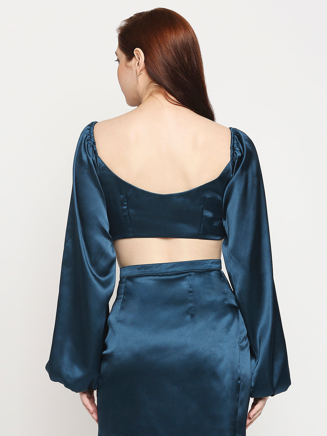 Turquoise Blue Japan Satin Knot Front Balloon Sleeve Crop Top