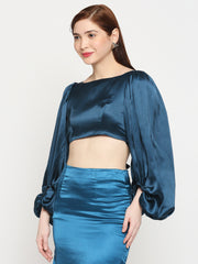 Turquoise Blue Japan Satin Balloon Sleeve Back Cross Crop Top