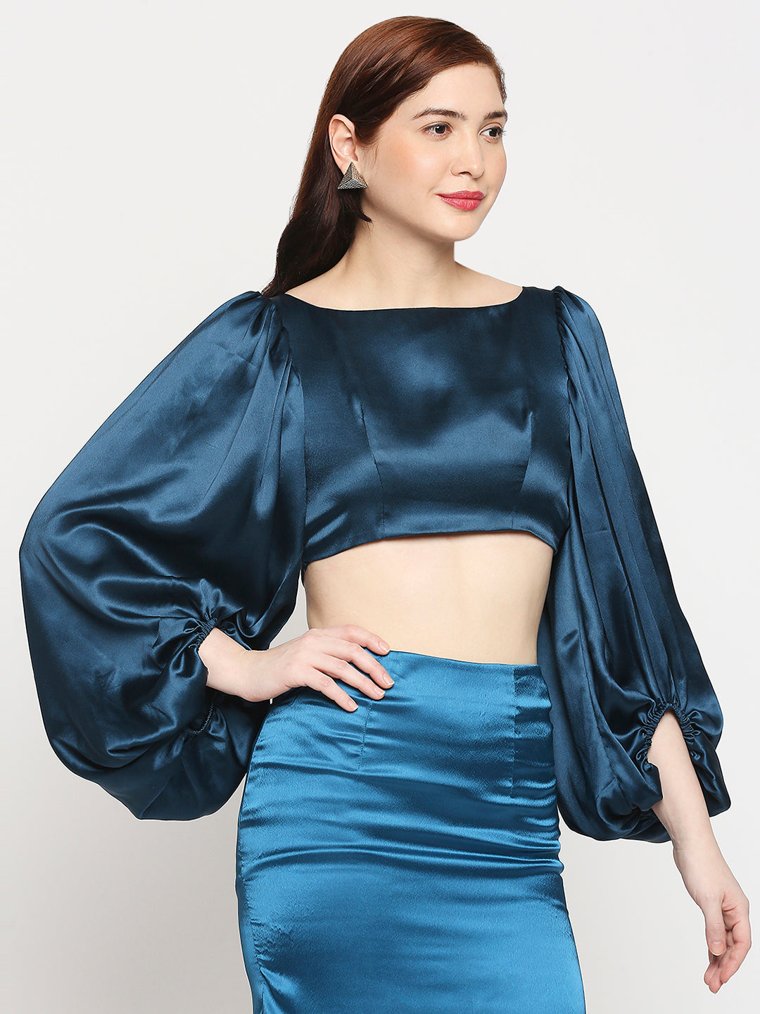 Turquoise Blue Japan Satin Balloon Sleeve Back Cross Crop Top