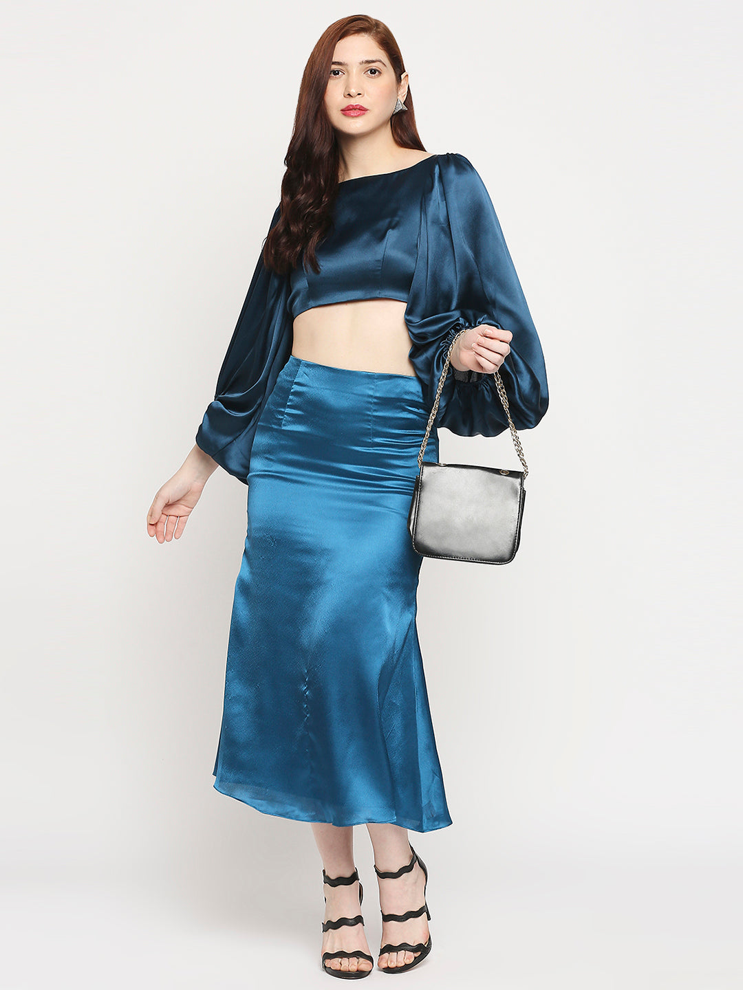 Turquoise Blue Japan Satin Balloon Sleeve Back Cross Crop Top