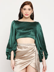 Emerald Green Japan Satin Balloon Sleeve Back Cross Crop Top