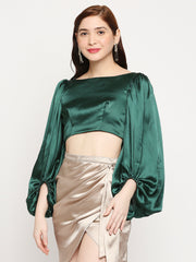 Emerald Green Japan Satin Balloon Sleeve Back Cross Crop Top