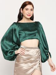 Emerald Green Japan Satin Balloon Sleeve Back Cross Crop Top