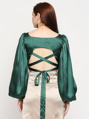 Emerald Green Japan Satin Balloon Sleeve Back Cross Crop Top