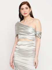 Metalic Silver Japan Satin Draped One-Shoulder Crop Top