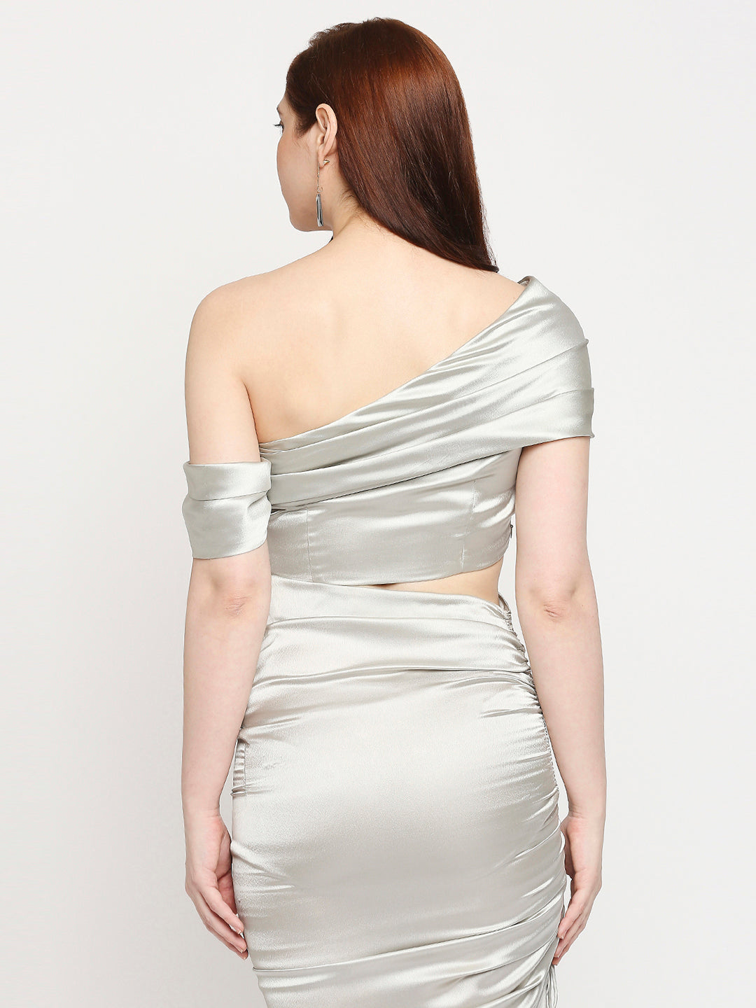 Metalic Silver Japan Satin Draped One-Shoulder Crop Top