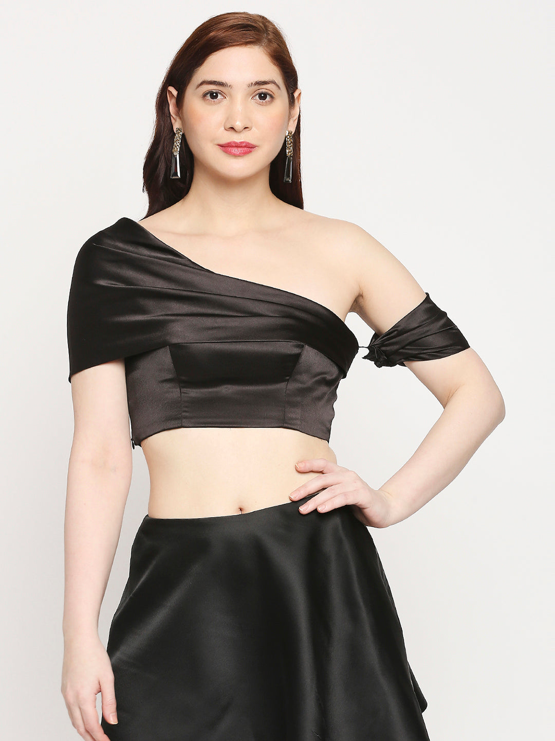 Midnight Black Japan Satin Draped One-Shoulder Crop Top