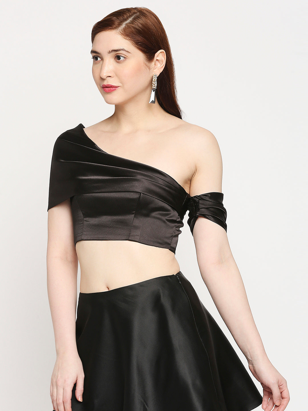 Midnight Black Japan Satin Draped One-Shoulder Crop Top