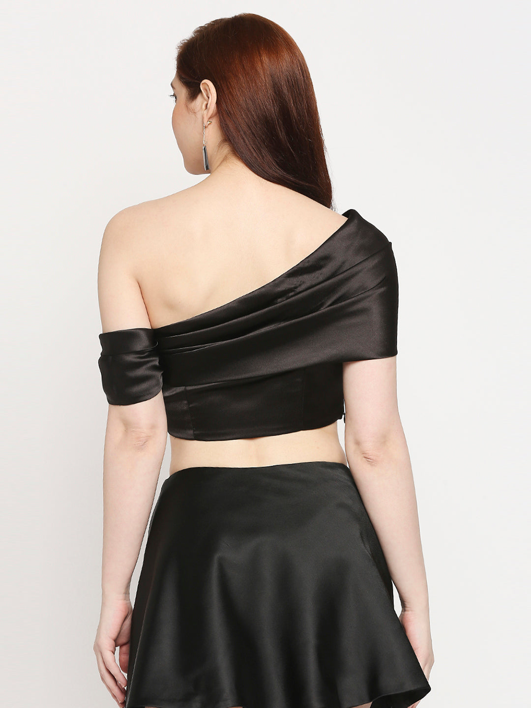 Midnight Black Japan Satin Draped One-Shoulder Crop Top