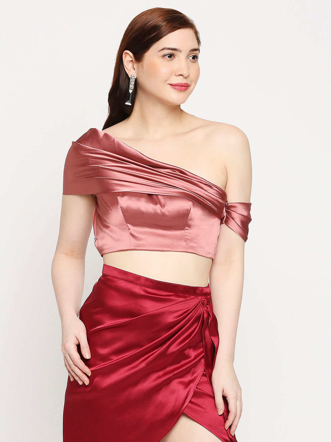 Rustik Pink Japan Satin Draped One-Shoulder Crop Top