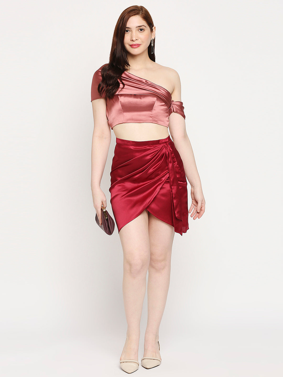 Rustik Pink Japan Satin Draped One-Shoulder Crop Top