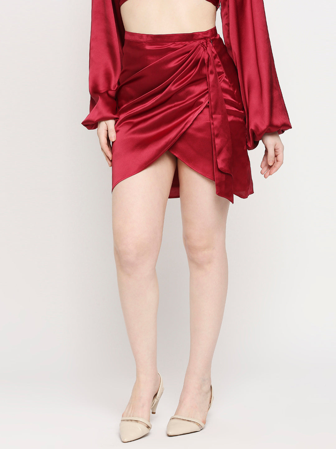 Ruby Red Japan Satin Falling Tulip Wrap Skirt