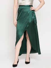 Bottle Green Japan Satin Wrap Knot Long Skirt