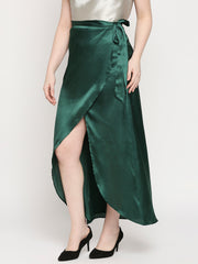 Bottle Green Japan Satin Wrap Knot Long Skirt