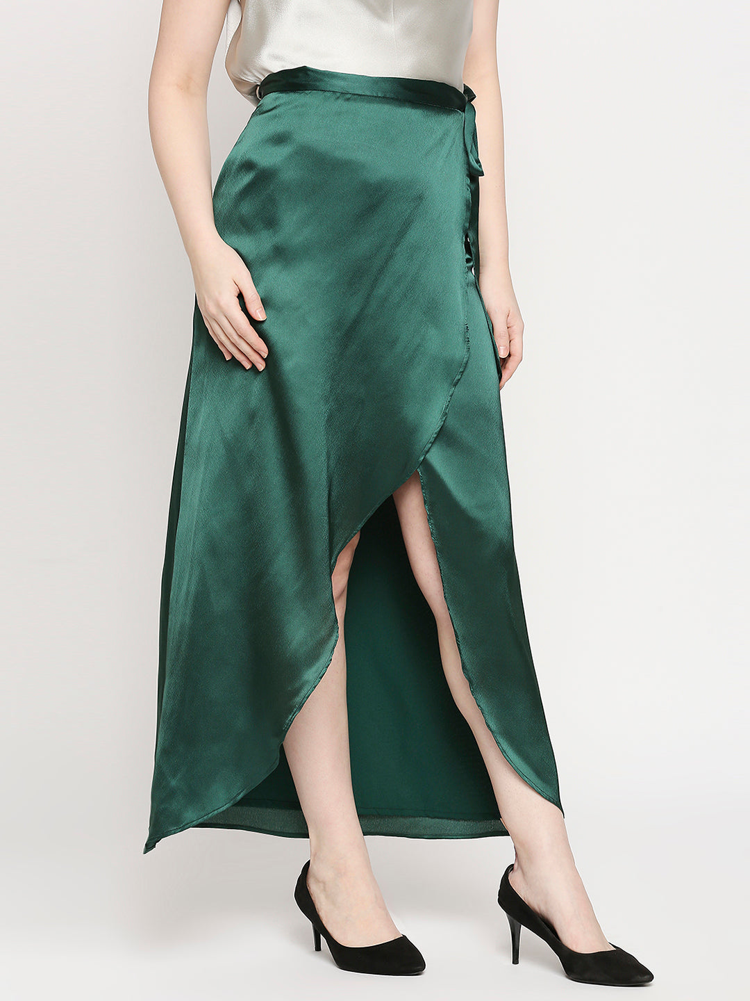 Bottle Green Japan Satin Wrap Knot Long Skirt