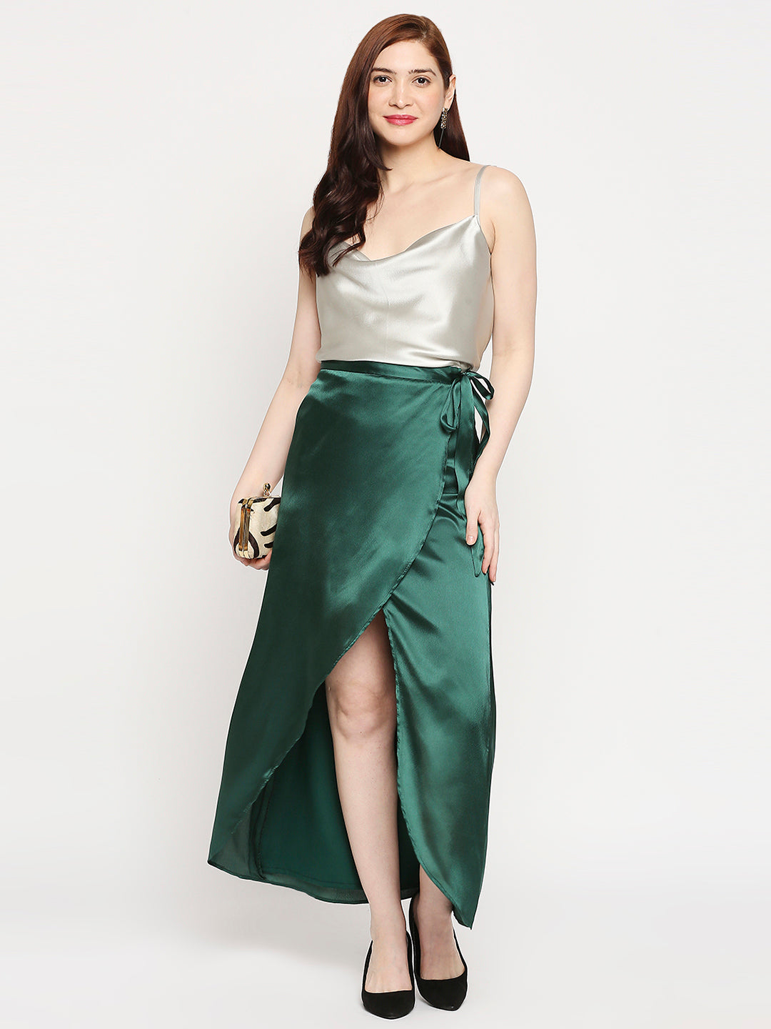 Bottle Green Japan Satin Wrap Knot Long Skirt