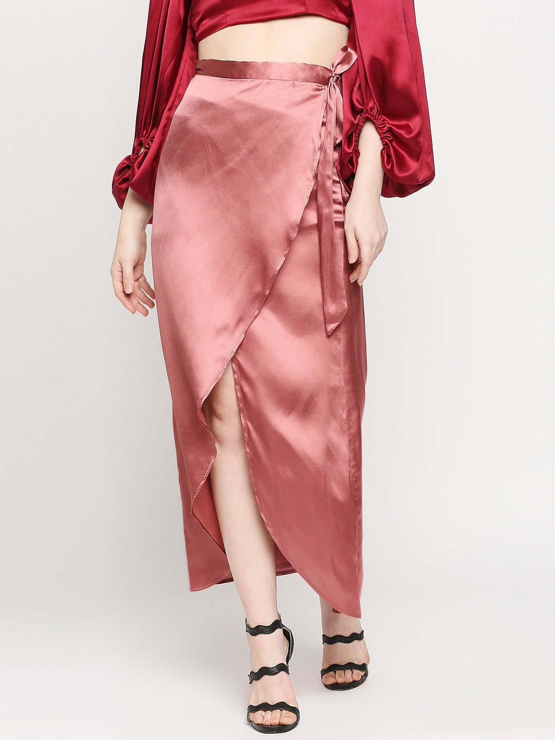 Rustick Pink Japan Satin Wrap Knot Long Skirt