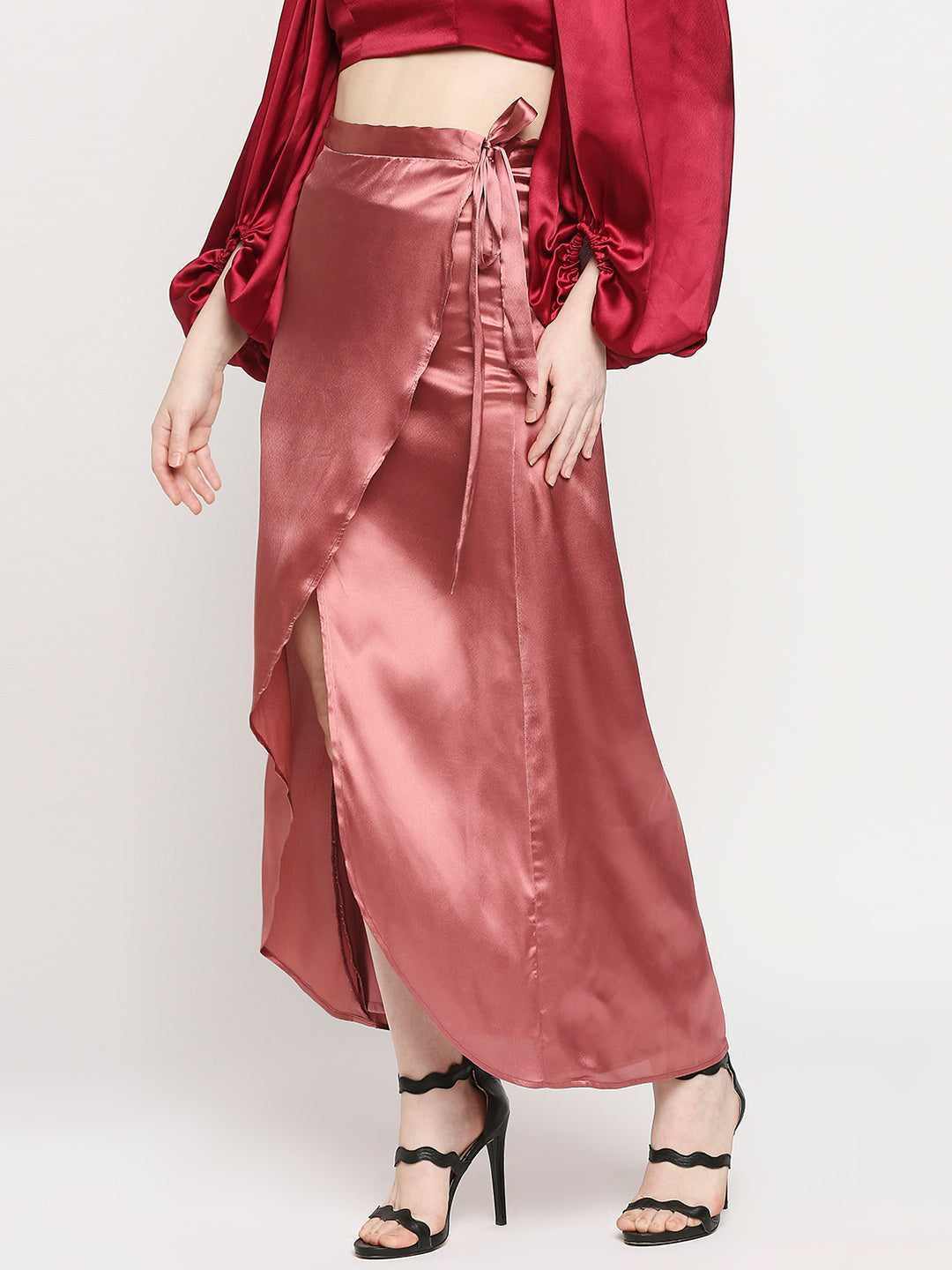 Rustick Pink Japan Satin Wrap Knot Long Skirt