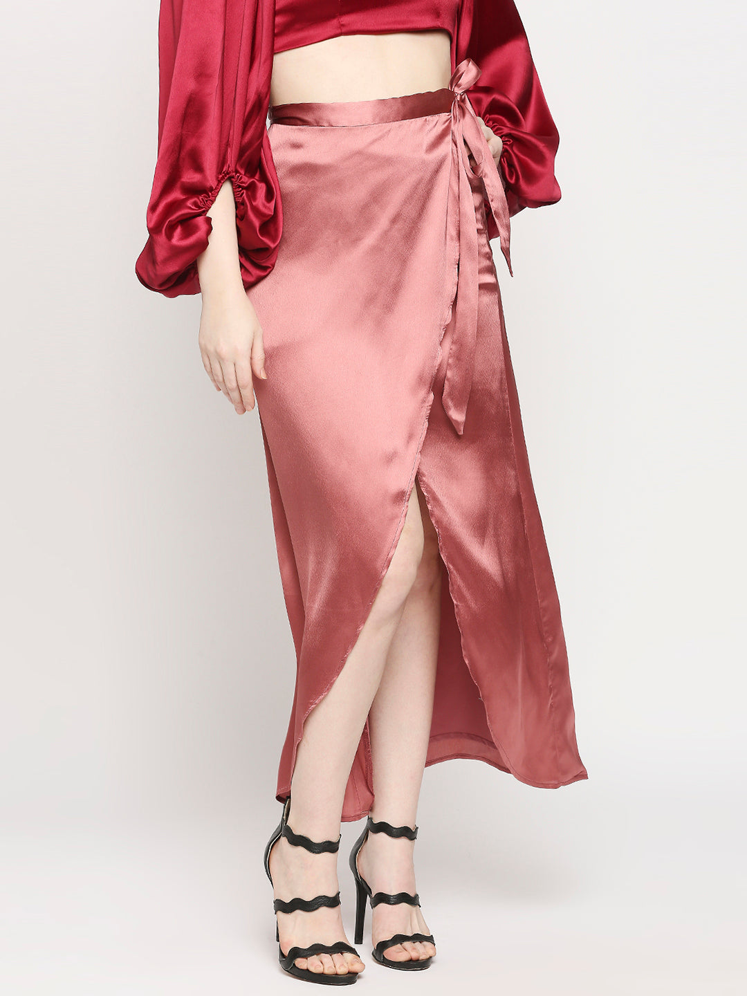 Rustick Pink Japan Satin Wrap Knot Long Skirt