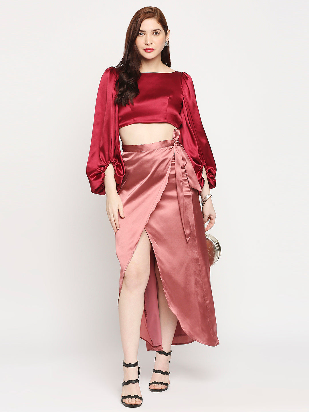 Rustick Pink Japan Satin Wrap Knot Long Skirt