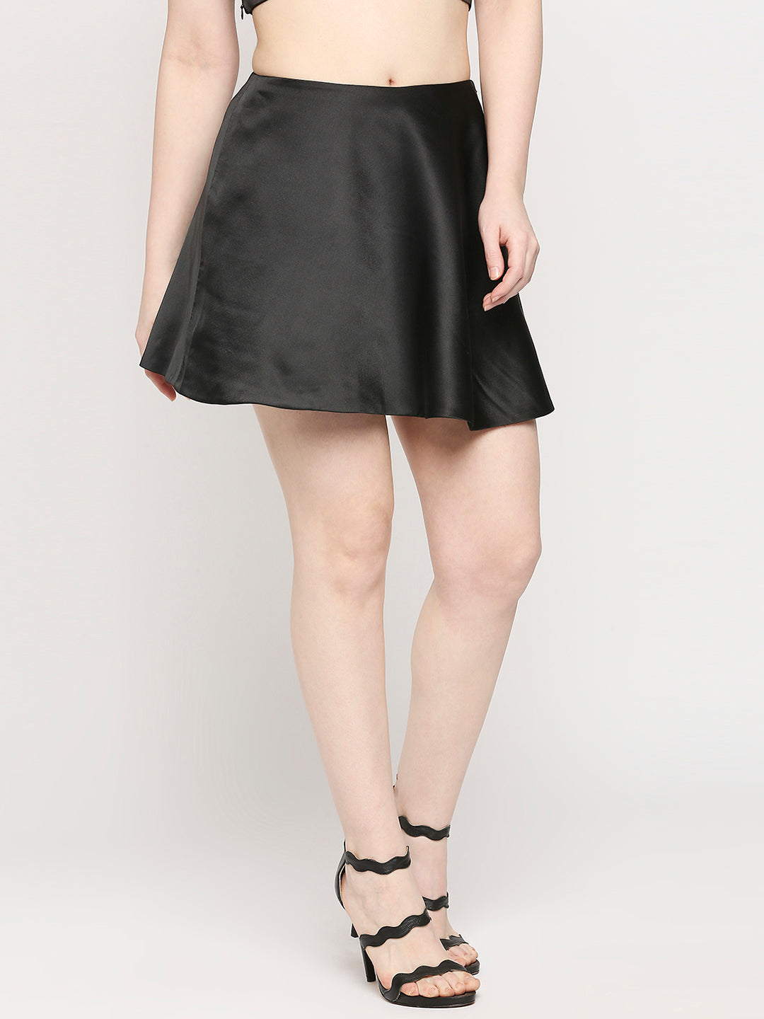 Midnight Black Japan Satin Flared Mini Skirt