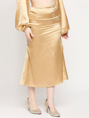 Golden Japan Satin High-Waist Midi Skirt