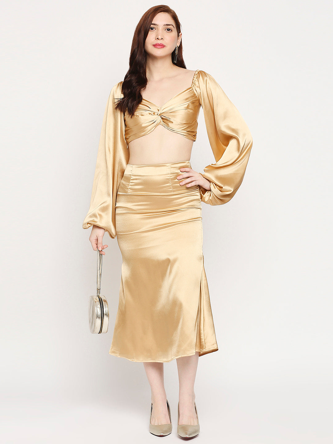 Golden Japan Satin High-Waist Midi Skirt