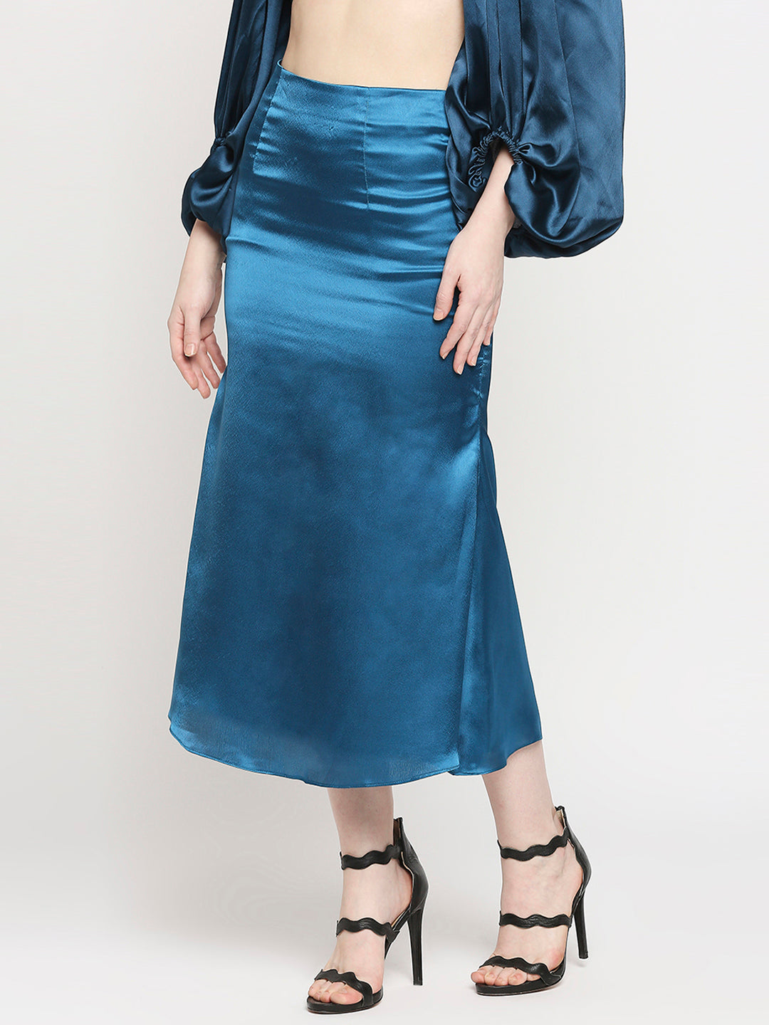 Petroleum Blue Japan Satin High-Waist Midi Skirt